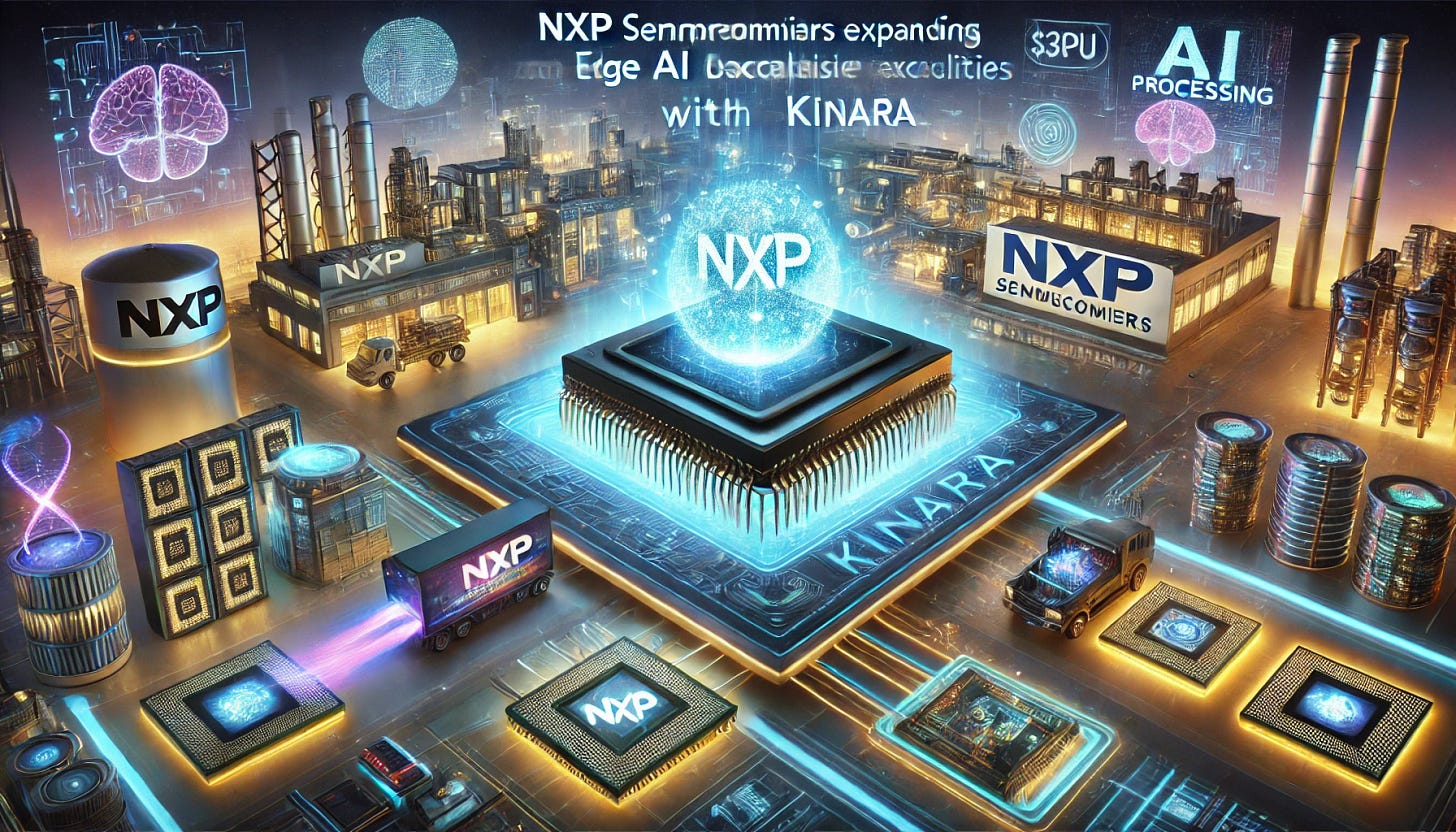 A 16:9 futuristic illustration showcasing NXP Semiconductors expanding its edge AI capabilities with the acquisition of Kinara. The scene features an NXP-branded AI processor at the center, glowing with energy, symbolizing advanced neural processing. Around it, smart industrial and automotive systems are interconnected by vibrant data streams, highlighting AI-powered enhancements. Holographic overlays display the $307 million acquisition deal and Kinara’s neural processing units (NPUs) being integrated into NXP’s ecosystem. The background includes a high-tech factory and a futuristic automotive environment, emphasizing the impact on industrial and automotive AI solutions.