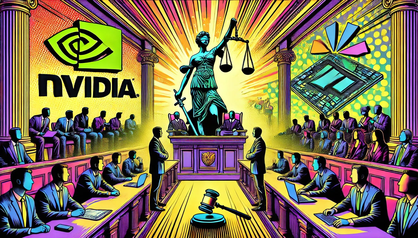 A dynamic, vibrant pop-art style illustration in a rectangular horizontal format (1920x1080), depicting a courtroom setting with silhouettes of Nvidia and Meta logos prominently displayed as they metaphorically 'fight' in the Supreme Court. The setting is filled with legal symbols like a gavel, justice scales, and documents, emphasizing a high-stakes legal battle. The background should feature court architecture with dramatic lighting, conveying tension and the gravity of the situation. The style should be colorful and engaging, fitting the pop-art aesthetic.