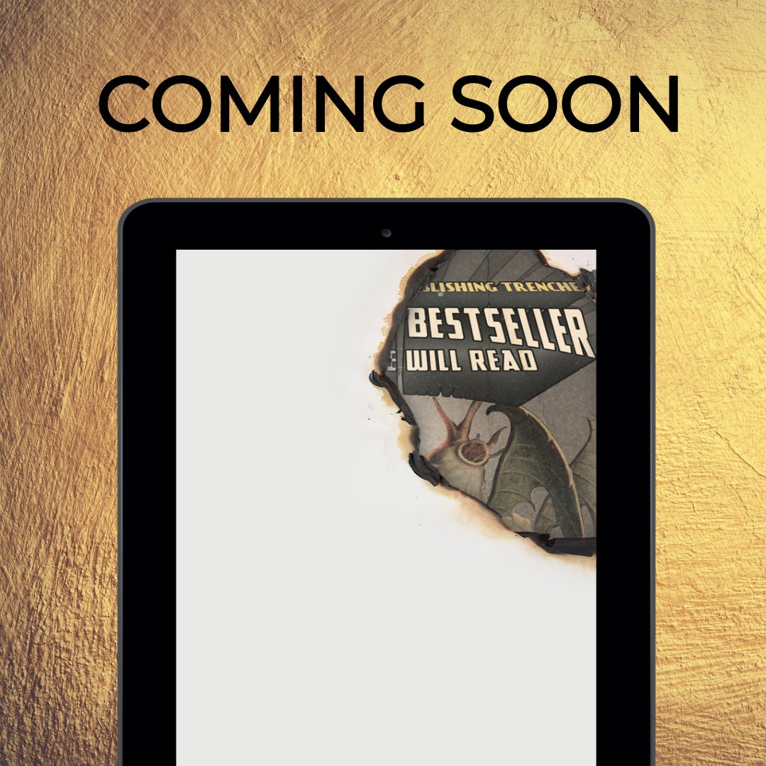 coming soon. tablet with a burned section revealing part of the cover image