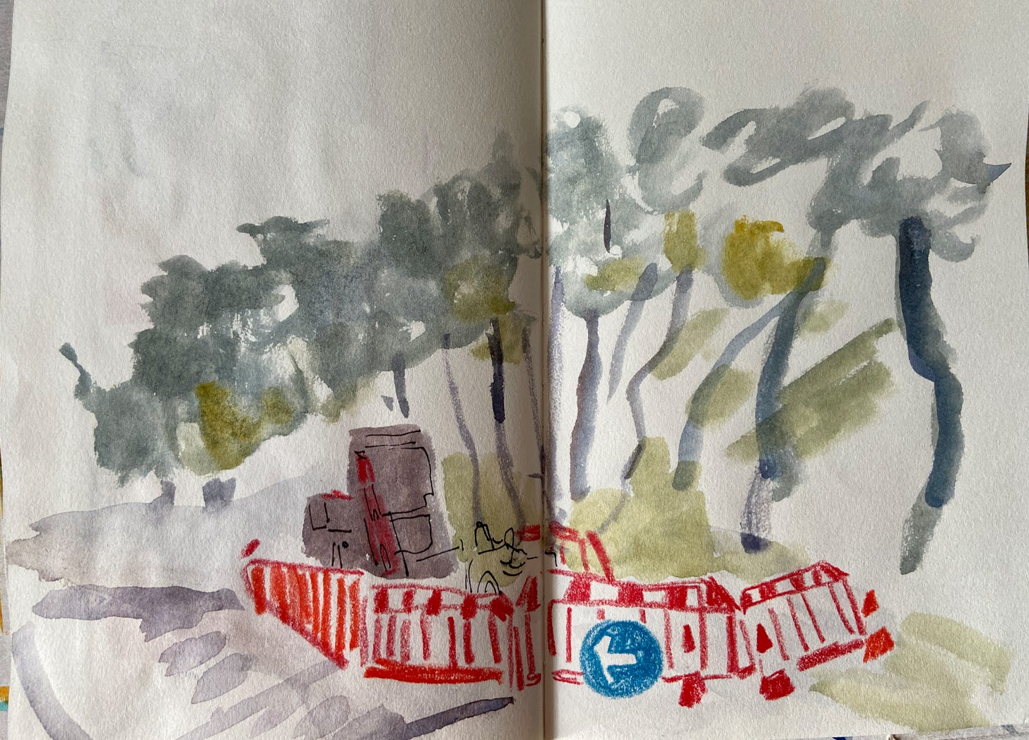 rough painting of a row of trees with a digger in front of it surrounded by red barricade and a blue one way street sign