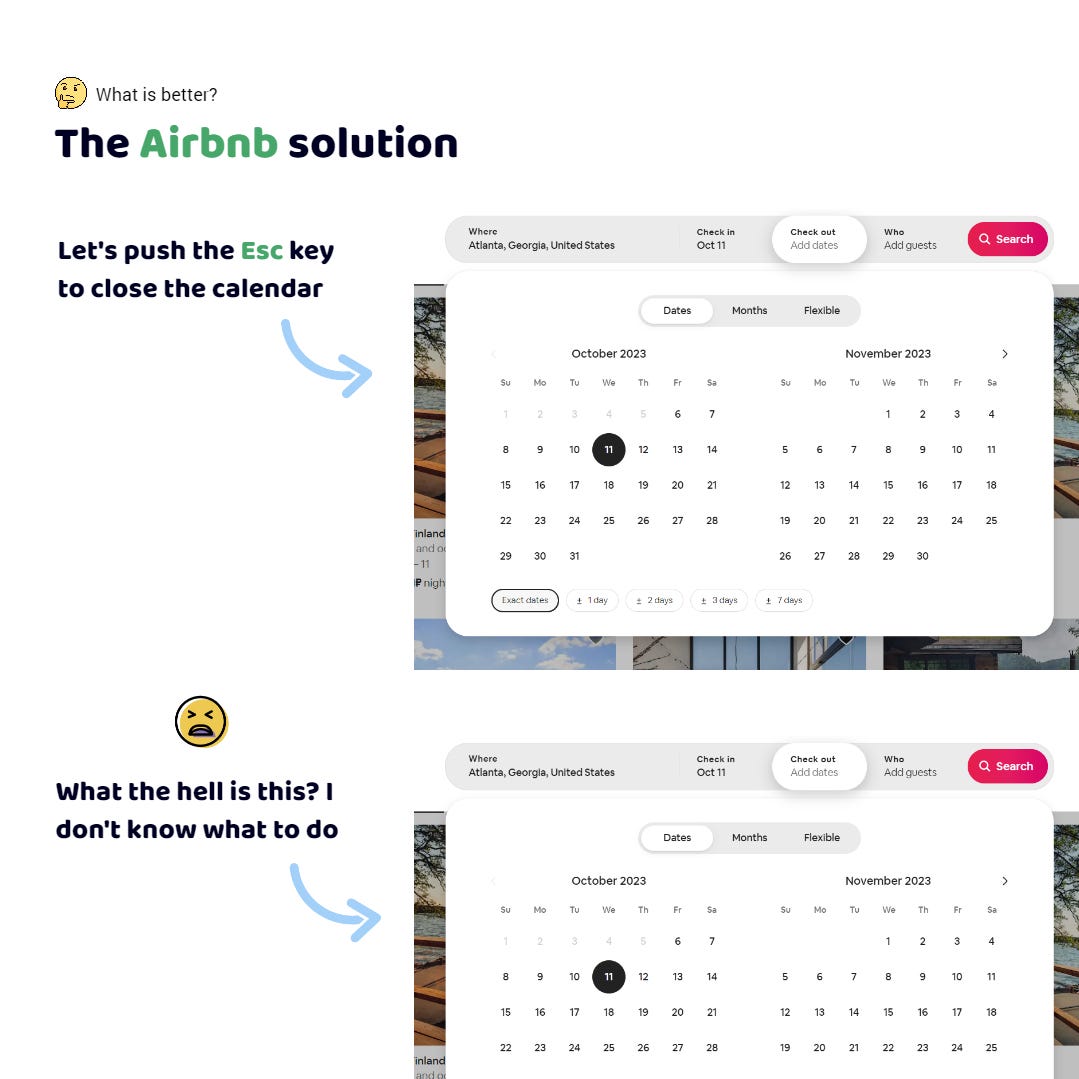 The Airbnb app. I choose the date of check-in at the hotel. I use the keyboard. The calendar is open. I changed my mind about choosing dates. I want to take a walk some more. I press Esc. One more time. Why is nothing happening?