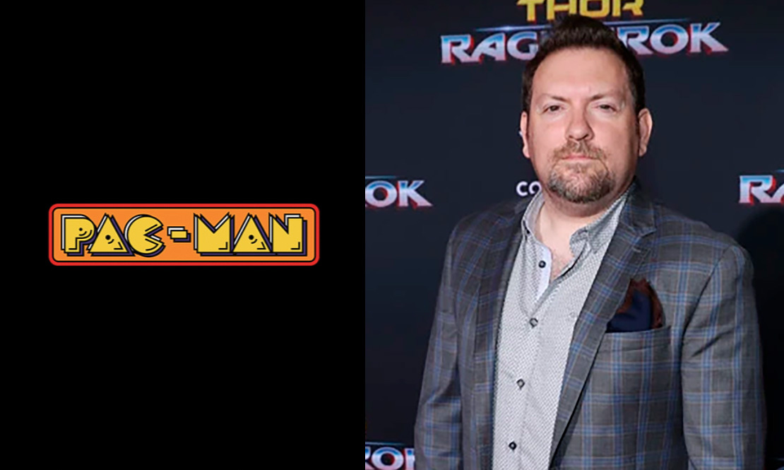 The Pac-Man logo (left) via Wayfarer Studios' website and writer Christopher Yost (right) attending the Thor: Ragnarok premiere.
