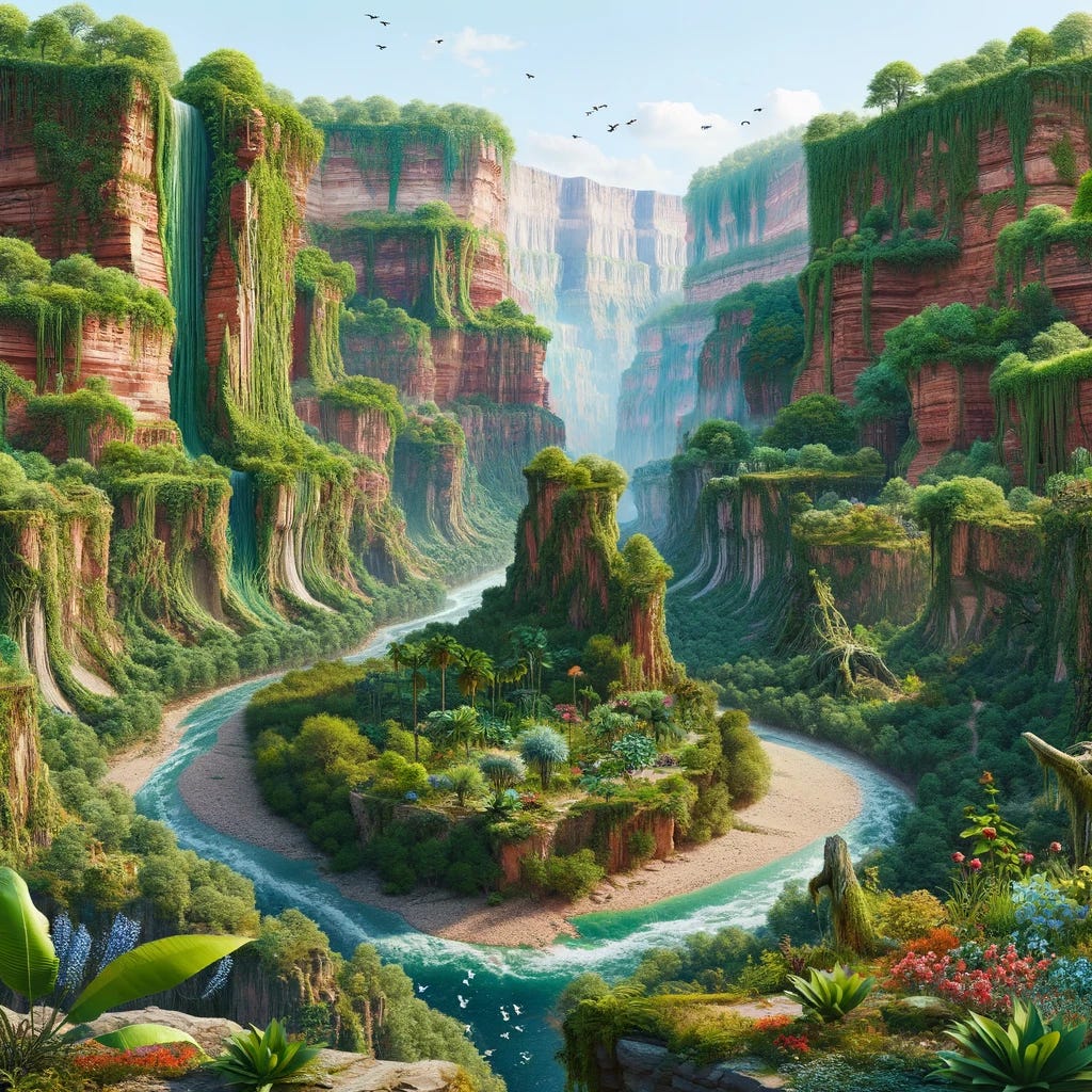 A surreal landscape where the Grand Canyon is transformed into a lush rainforest, with a focus on enhancing the river. The iconic red rock formations and steep cliffs are covered with dense, green vegetation, towering trees, and thick underbrush. Vines drape over the edges of the canyon. The central feature is a fuller, more prominent river running through the bottom of the canyon, surrounded by lush ferns and moss, with colorful flowers blooming among the foliage. The sky above is clear and blue.