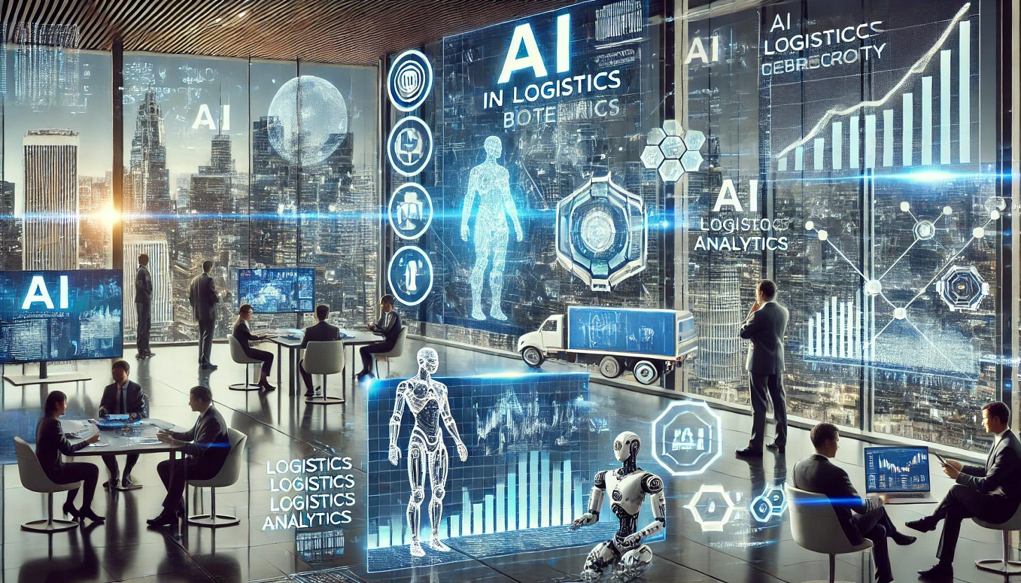 A futuristic financial market scene depicting AI-driven investment trends. A high-tech trading floor with holographic stock charts, AI-powered analytics, and investors discussing AI innovations. In the background, robotic assistants and smart screens display data on AI in logistics, biotech, and cybersecurity. The setting is sleek and modern, with a futuristic city skyline visible through large windows.