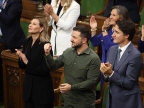 Ukrainian President Volodymyr Zelenskyy and Prime Minister Justin Trudeau recognize Yaroslav Hunka on Parliament Hill in Ottawa on Friday, Sept. 22, 2023.