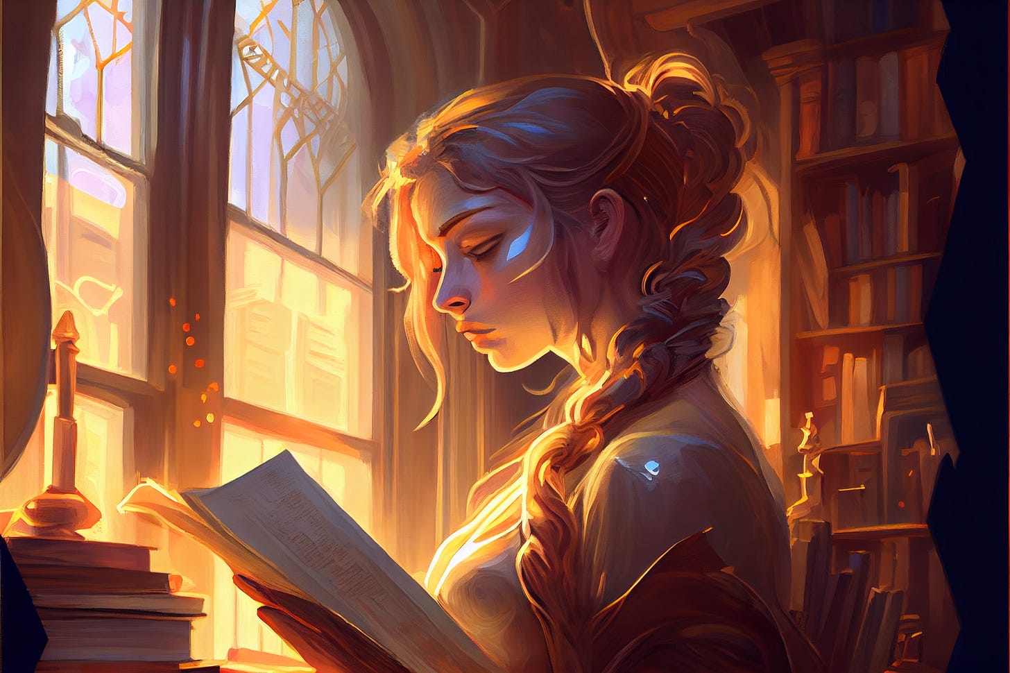 Hooked from the very first sentence. A female reader deeply capitivated by a book in an old fashioned library. Concept art style. Generated by Zane Dickens using MidJourney.