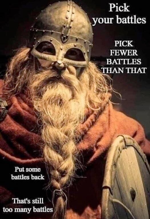 Pictures of a Viking warrior with metal helmet and long braided beard

Pick your battles.
Pick fewer battles than that.
Put some battles back.
That's still too many battles.
