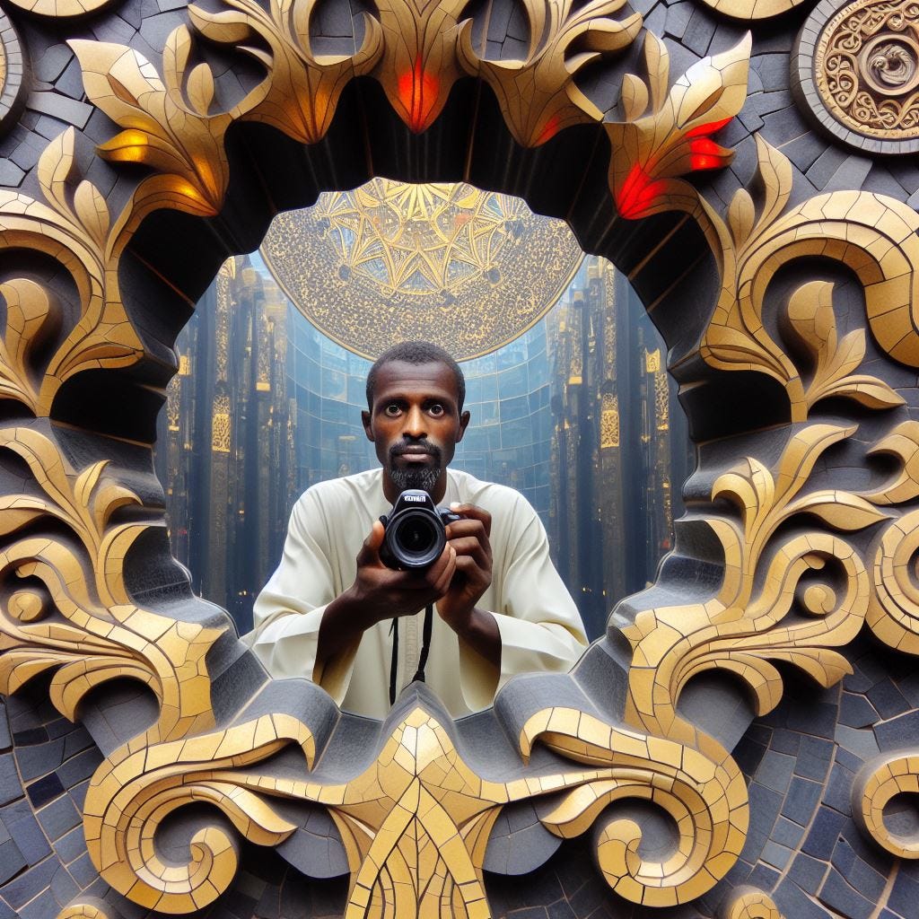 in a mirror. on a totem pole ; a burundi man standing near camera, looking at camera.black morocan tile creamy yellow grey. infinity. mirror window, tapestry in blue; inside The Dubai Opera (United Arab Emirates /Quatrefoil:Gothic Tracery/ red fire highlight/ red neon. Louver light blue decorative ceiling tiles. Moringa tree . sculptures deep brown/cracked porcelain/gold / Misty/ sunny fluffy clouds chunky painting in a mirror. on a totem pole ; burundi man standing before it