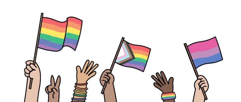 Drawing of six hands with pride flags.