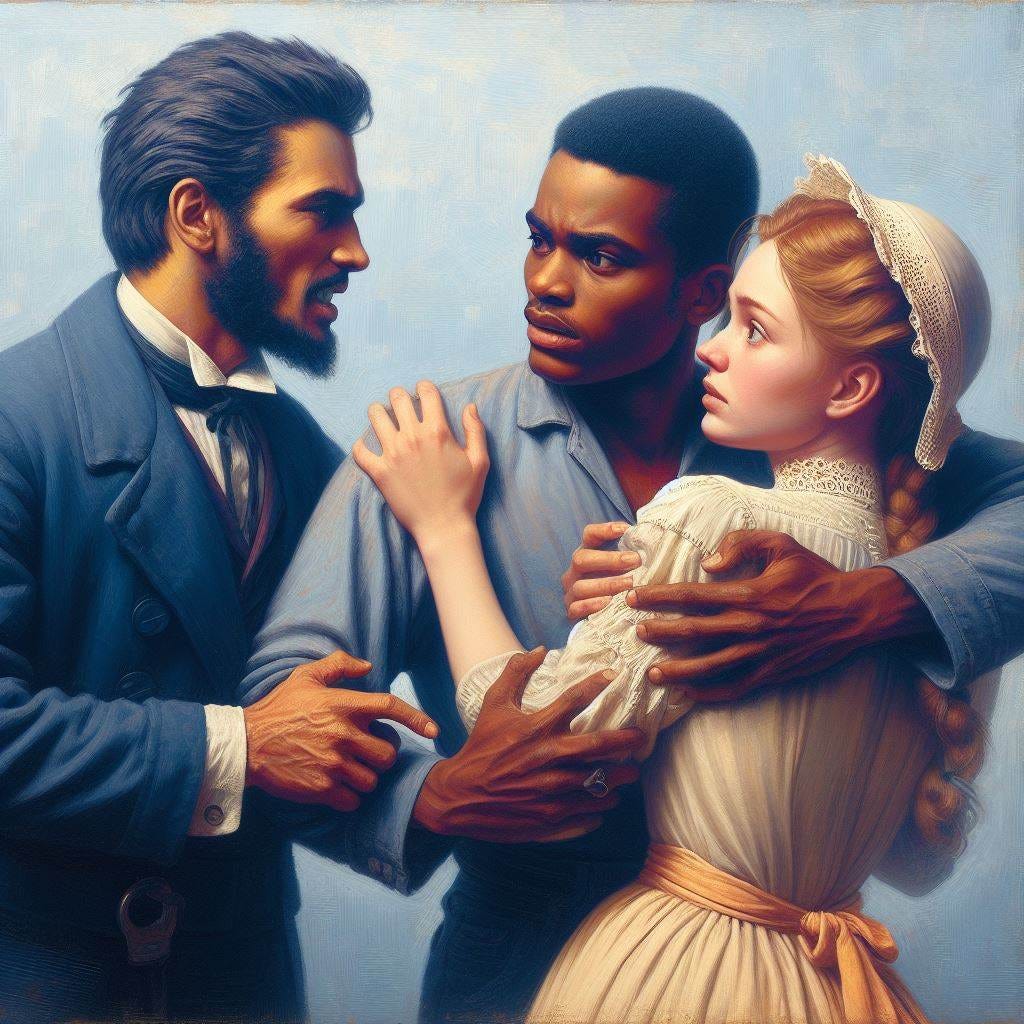 génère l'image d'une homme qui menace un jeune homme noir et sa femme qui s'aiment, style peinture d'huile sur fond bleu