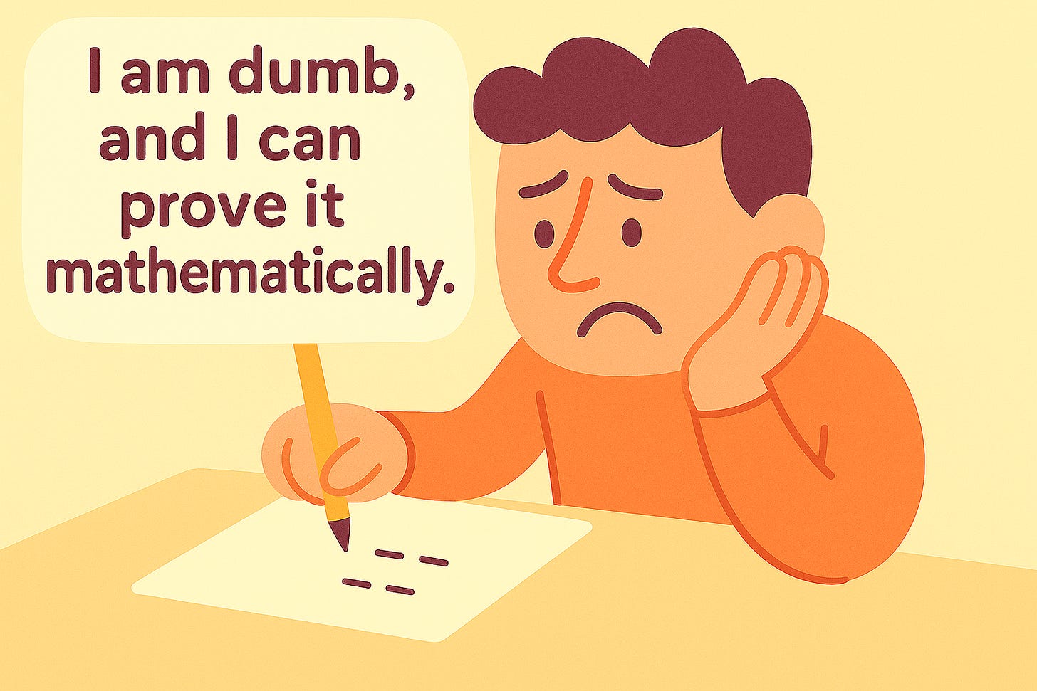 A man writes on a page with a pencil. He is unhappy, and he says "I am dumb, and I can prove it mathematically"