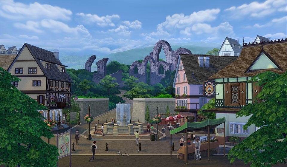 Image of town square surrounded by Fachwerkhaus style (timber-framed) houses, with ancient ruins in the background.