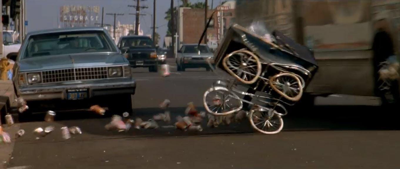 In Speed (1994), the bus runs over a baby carriage full of cans. The  writers put this in as a metaphor to illustrate that they CAN put any  bullshit in the movie