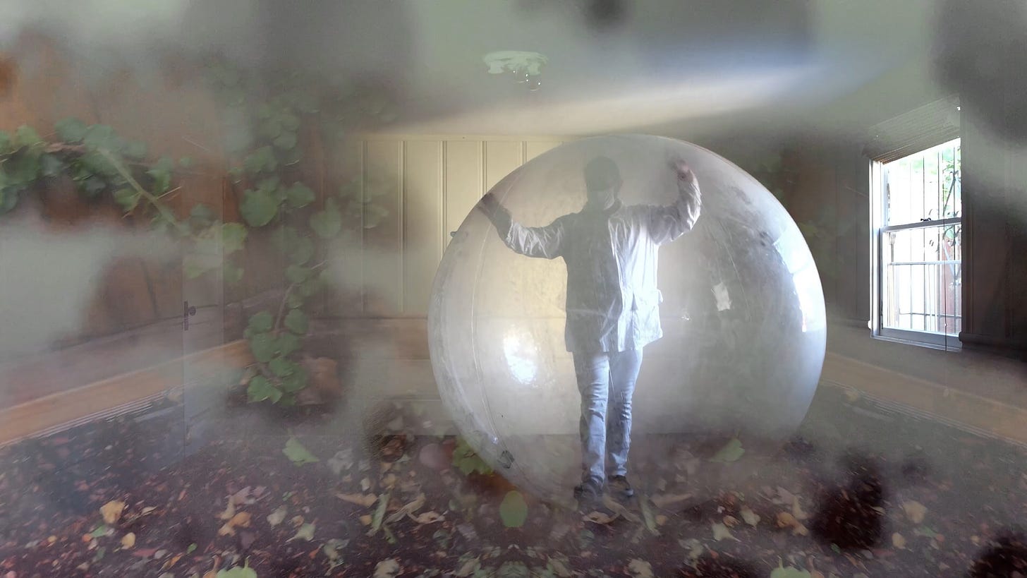 There are two images overlaid on one another. One shows dirt and plants. In the other, a figure is in a bubble inside a room in a house.