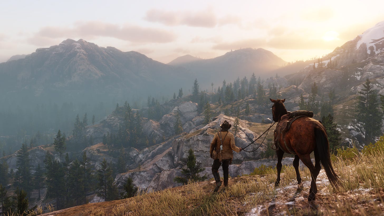 Arthur Morgan and his horse, overlooking a valley
