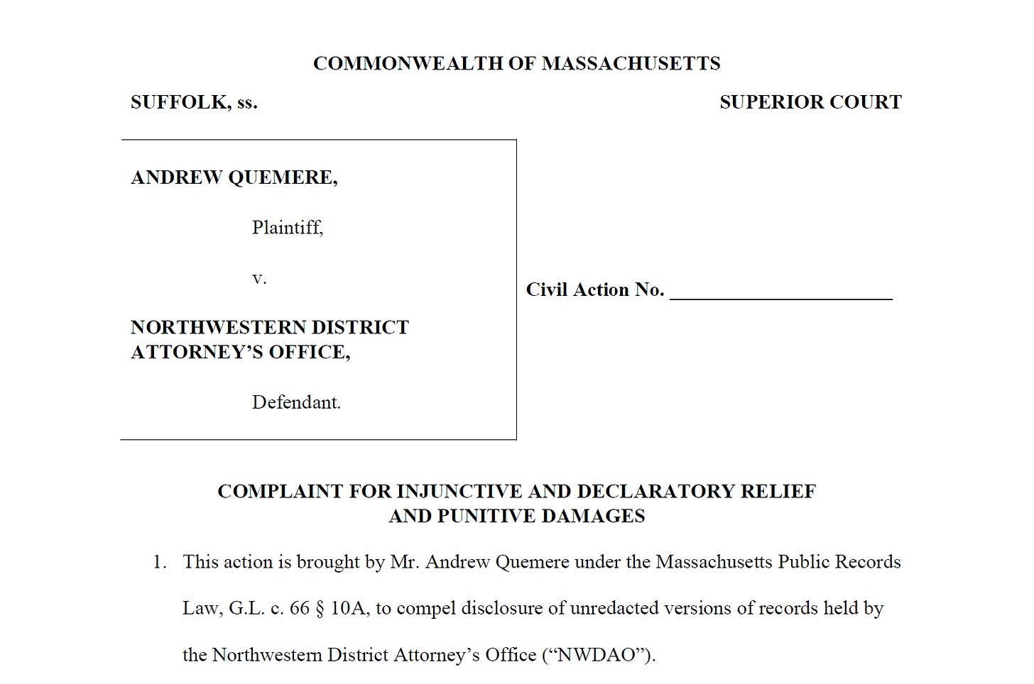 A screenshot of the top of the first page of the complaint against the Northwestern District Attorney's Office.