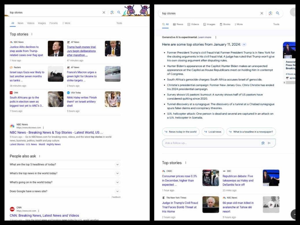 How a Google "top stories" search result looks with and without AI overviews.