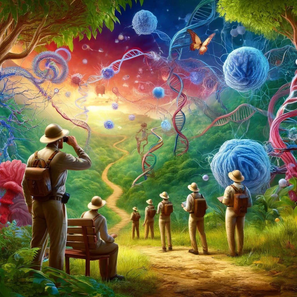 Visualize the journey of scientific discovery as a 'safari.' The image portrays a group of scientists in safari attire, exploring a wild and mysterious landscape filled with symbolic representations of scientific elements and discoveries. These elements include DNA strands as twisting vines, neurons as complex tree structures, and molecules as floating orbs. The scientists, equipped with binoculars and notebooks, traverse this imaginative terrain, observing and noting down their findings. The background is a lush, vivid jungle, symbolizing the uncharted territories of knowledge they are exploring. This scene captures the adventure and excitement of delving into the unknown realms of science.