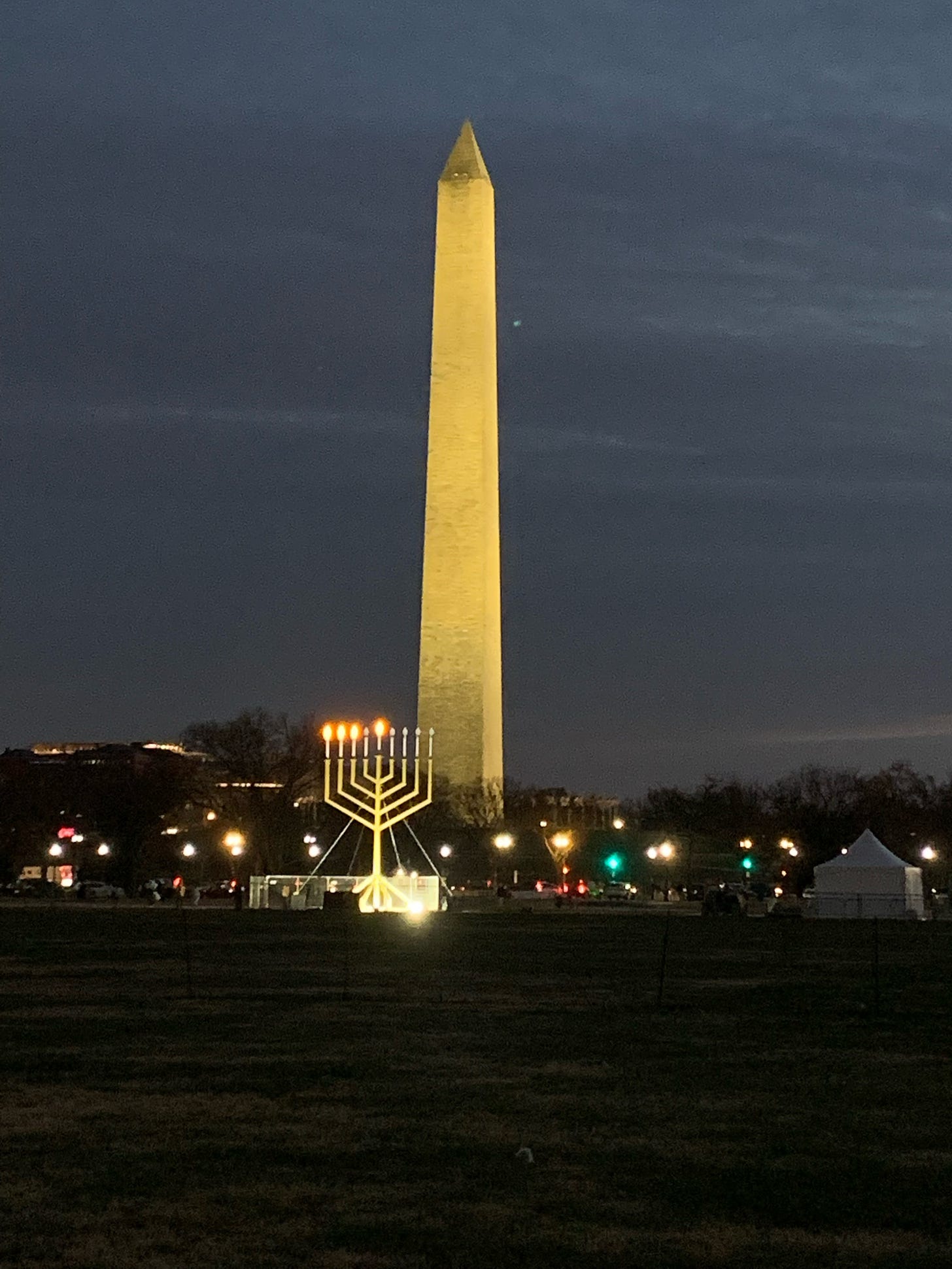the national menorah next to the Washington Monument in celebration of hanukkah