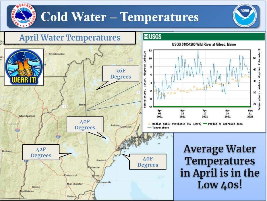 A map and chart showing 40 degree water temperatures in April in Maine.