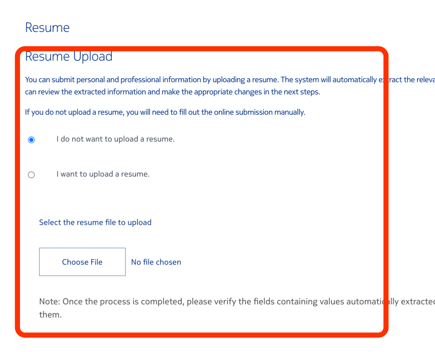 Resume Upload form, two radio buttons: "I do not want to upload a resume" (selected) and "I want to upload a resume". Resume upload button available at the bottom.