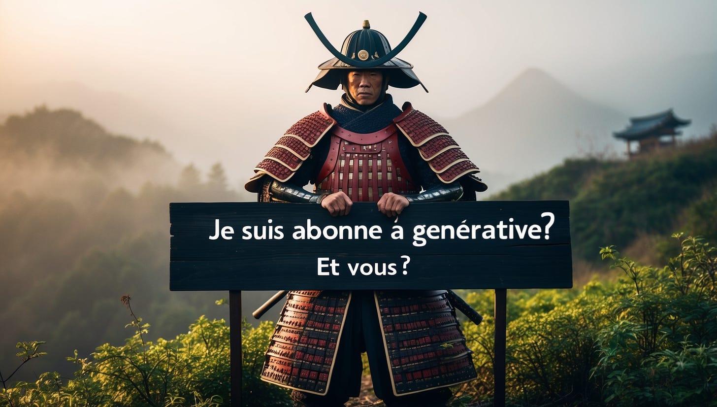 A Japanese samurai stands proud in the misty hills of rural Kyoto, medium: high-contrast, warm-toned photography, evoking a sense of nostalgia and timelessness. Clad in intricately patterned, crimson-hued armor, he firmly grasps a wooden sign, adorned with elegant, white kanji script: "Je suis abonné à GENERATIVE? et vous ?" Soft, golden light casts a warm glow, accentuating the samurai's determined expression, amidst the lush, emerald-green foliage, as if asking the viewer to contemplate their own generative path, amidst the serenity of ancient Japan.