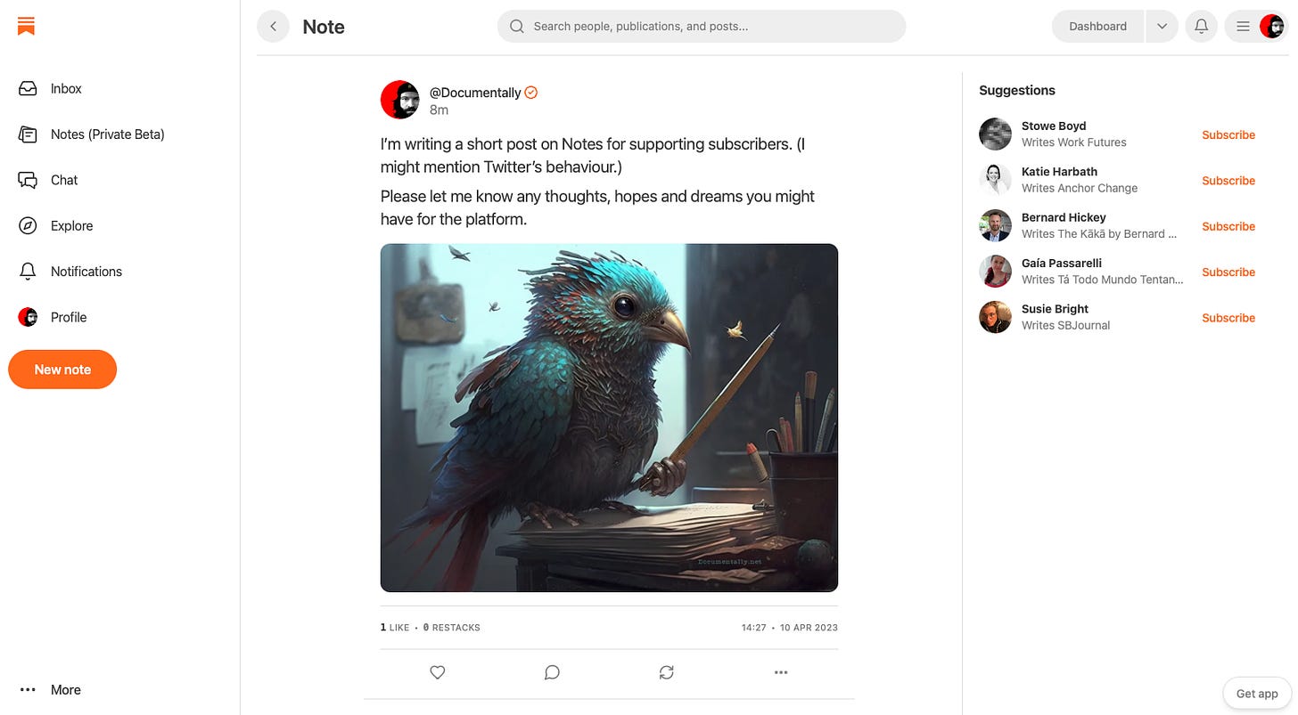 A screen grab of notes with a post from me asking people for their thoughts on notes for this post. I have posted an image of a giant mutant Twitter bird sitting on a stack of notes brandishing a pencil as if it's about to stab something.