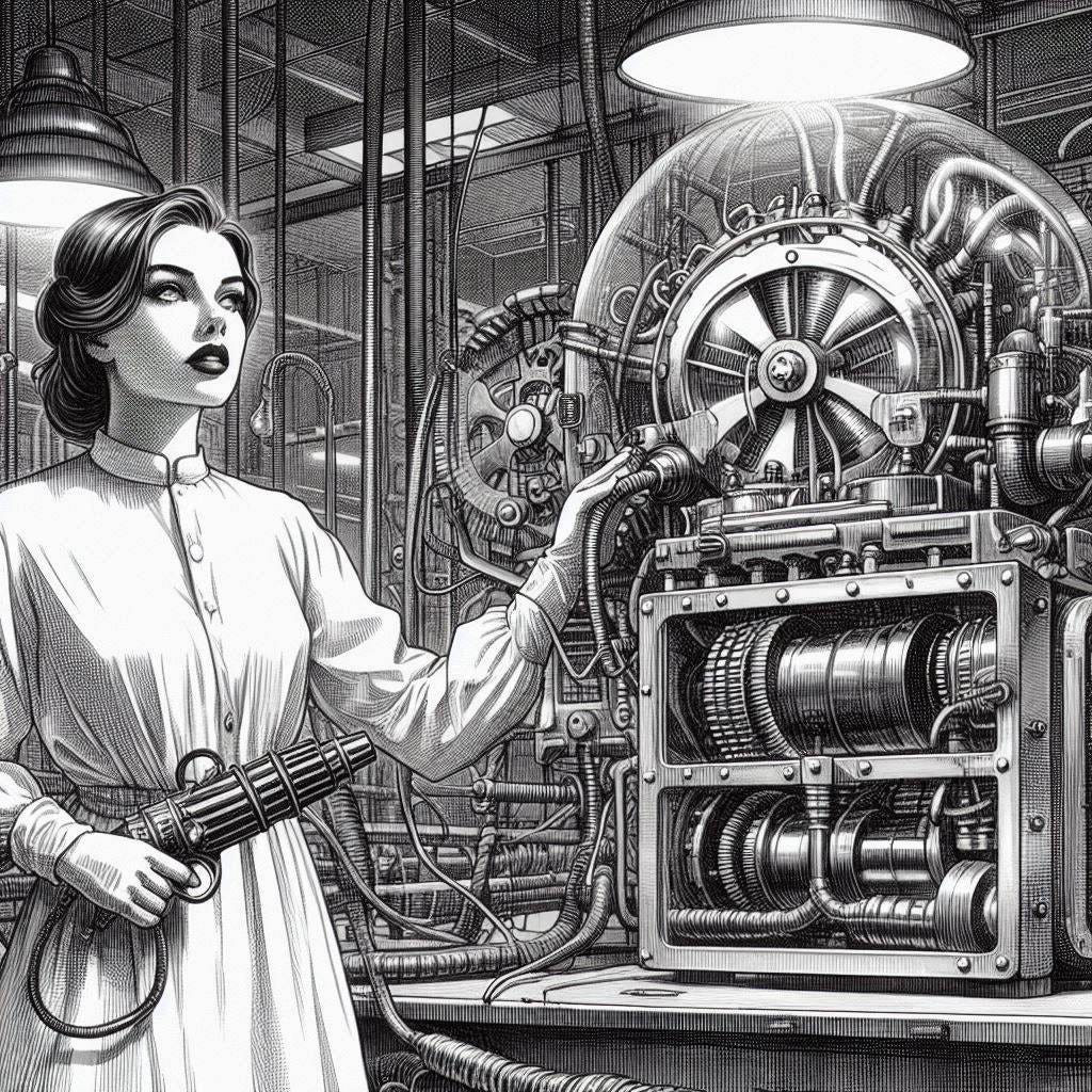 woman mad scientist in a hospital basement with a machine around her, 60s sci fi drawing