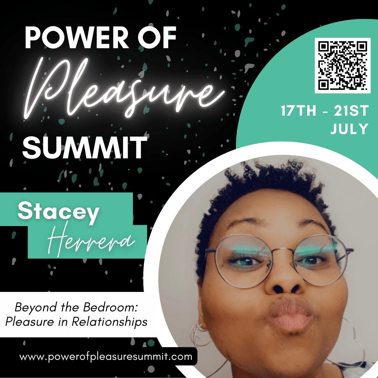 Black, green, and white image of Stacey Herrera for the Power of Pleasure Summit