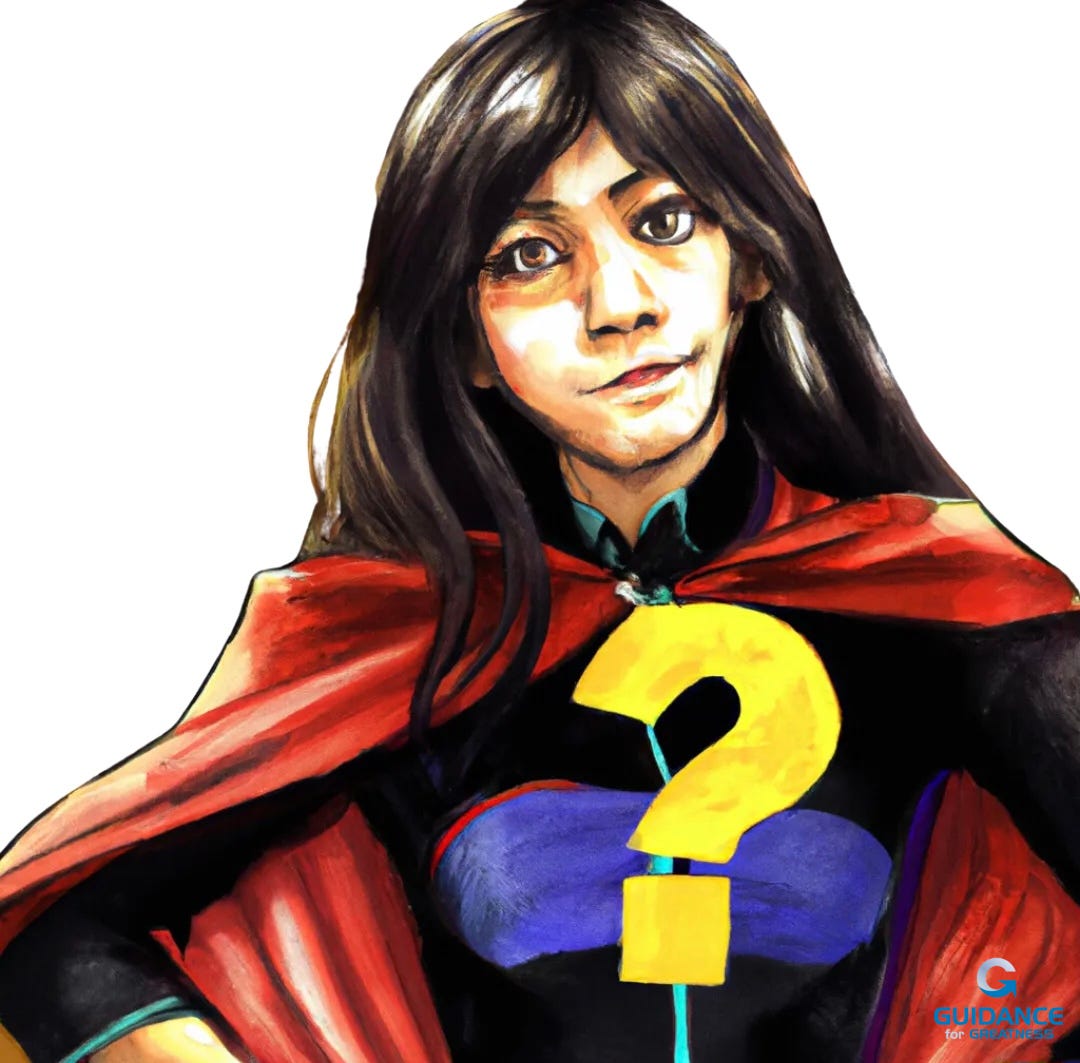 Drawing of a woman in a superhero’s costume with a large yellow question mark on her chest.