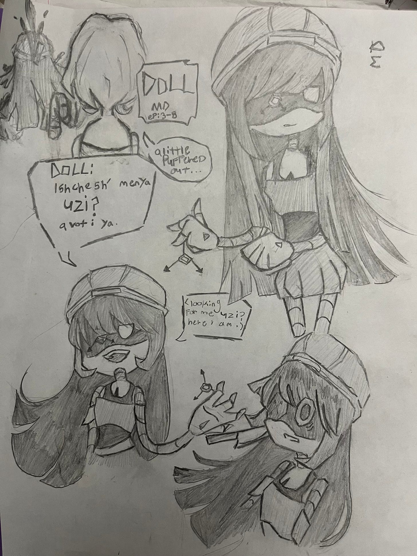 Fan art of Doll from Murder Drones drawn by my daughter in pencil on paper