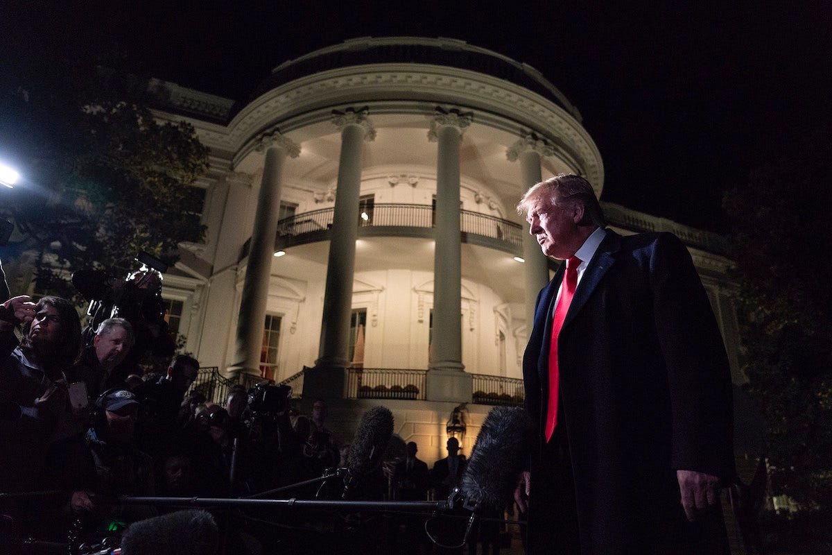 President Donald J. Trump talks to members of the press on the South Lawn of the White House Saturday, November 2, 2019, prior to boarding Marine One to begin his trip to New York City. (Official White House Photo by Joyce N. Boghosian)
