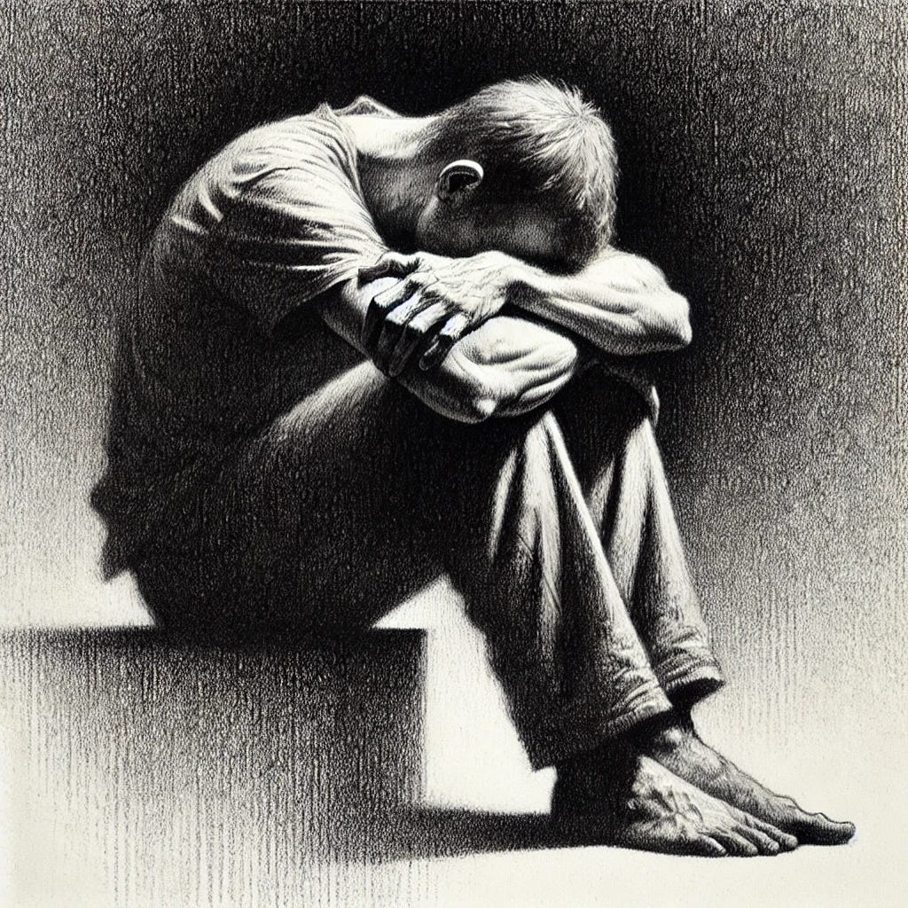 A pencil drawing of a person in deep despair, hunched over with their face buried in their hands, their body trembling with sorrow. The figure is surrounded by heavy shadows that enhance the feeling of isolation and internal struggle. Their posture is hunched, as if the weight of their emotions is unbearable. The drawing conveys intense emotional pain, with detailed shading that captures the tension in their body and the sorrow in their expression, while the background remains minimal to focus on the subject.