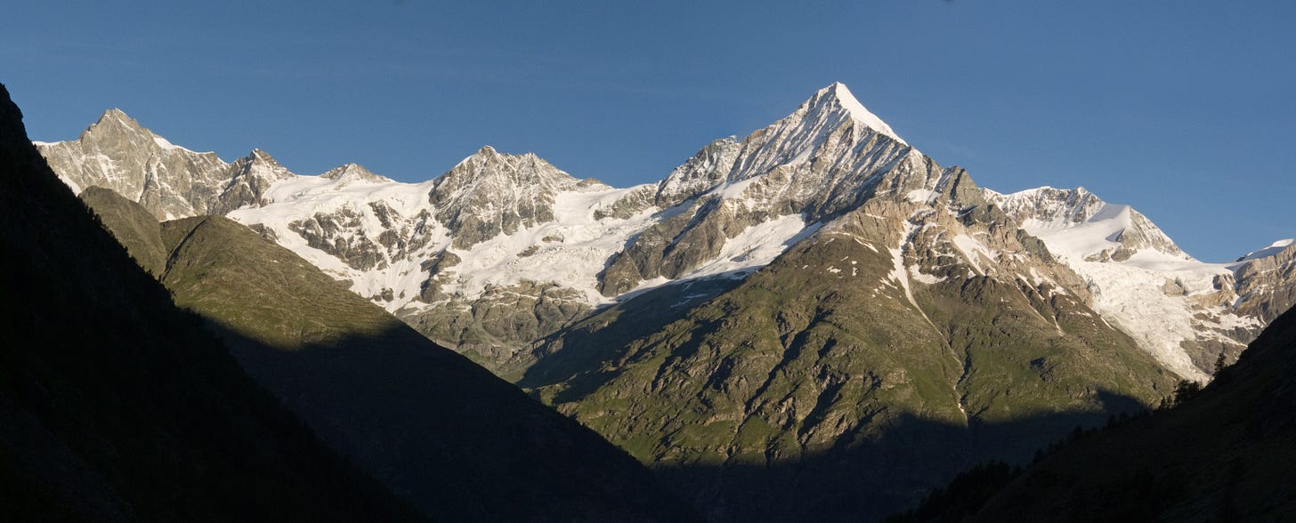 Leslie Stephen made the first ascent of the Zinal Rothorn (far left) and the second of theWeisshorn (right)