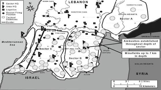 This is a map of Hezbollah Defensive System in Southern Lebanon in 2006. It included unit locations, defenses, minefields...