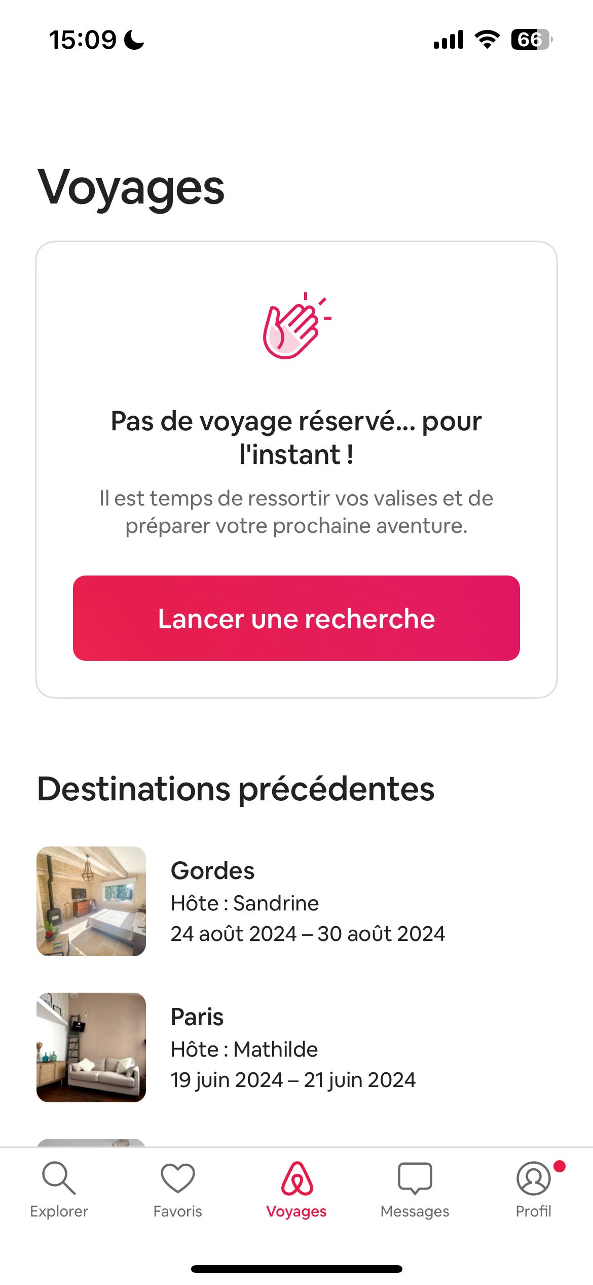 La section ‘Voyages’ de l’application airbnb