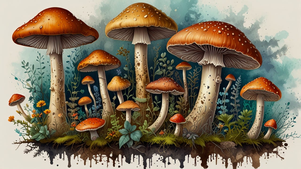 colorful drawing: a rich diversity of fungi in all their forms as mushrooms, yeasts, hyphae, spores