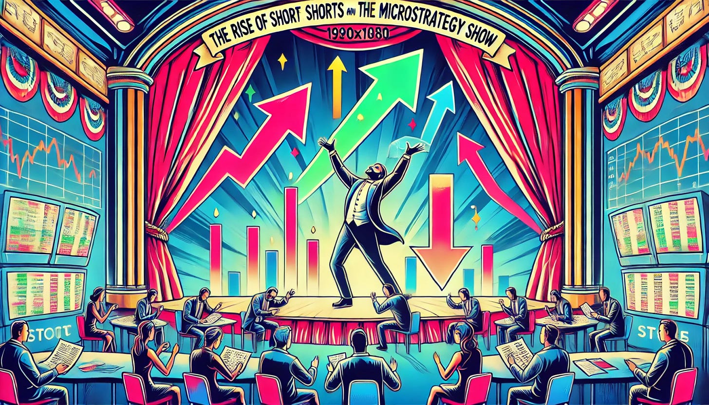 A vibrant, pop-art style illustration depicting the concept of 'The Rise of Shorts and the MicroStrategy Show'. The image should feature a theatrical scene with characters dressed as traders in a dramatic stock market environment, showcasing the ups and downs symbolized by large arrows going up and down. The atmosphere should be colorful and dynamic, with elements that reflect the volatility of stock trading. This should be rendered in a horizontal rectangular format, specifically in a 1920x1080 resolution, following the pop-art style that uses bold colors and heavy outlines, suitable for financial news illustration.