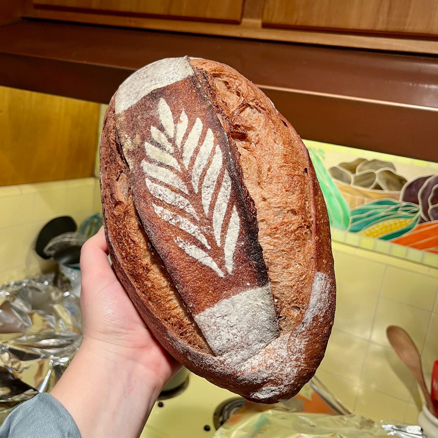 I'm holding up Barrio Bread’s Tibetan Purple Barley Loaf in front of my stove