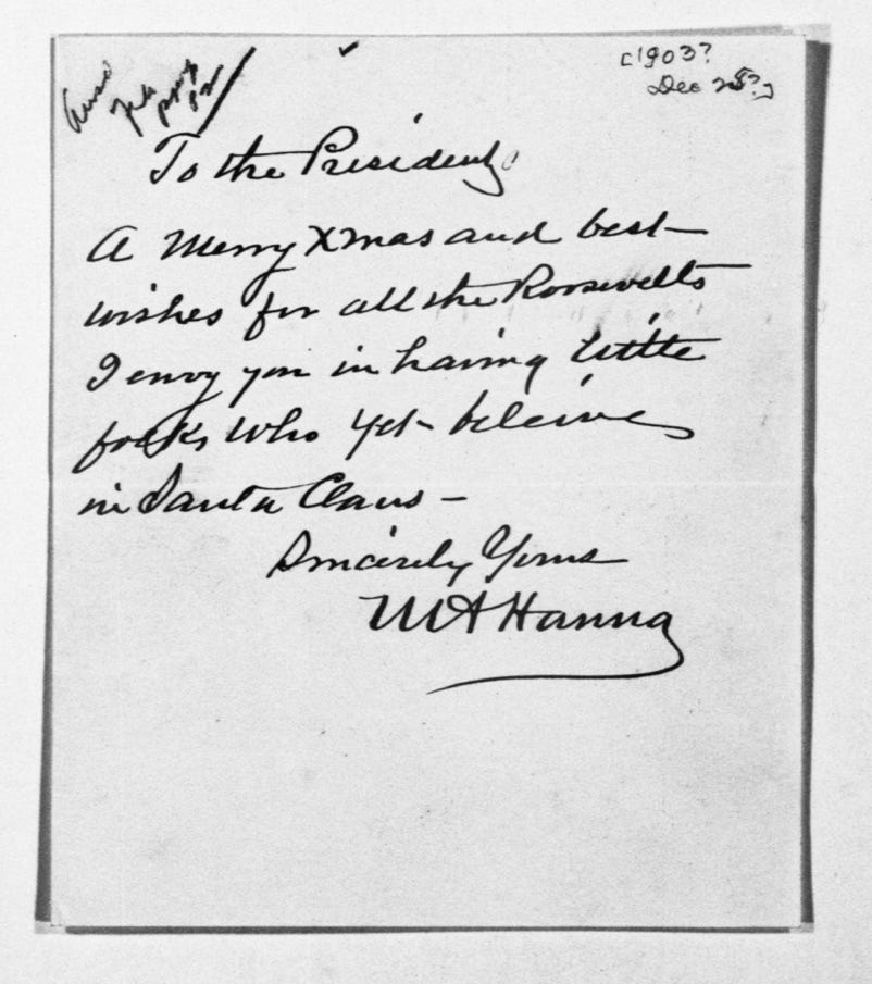 Letter from Senator Mark Hanna to Theodore Roosevelt