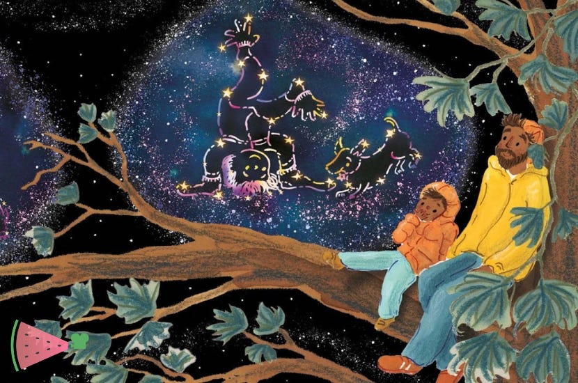illustration of a man and child sitting in a tree looking at constellations in the night sky