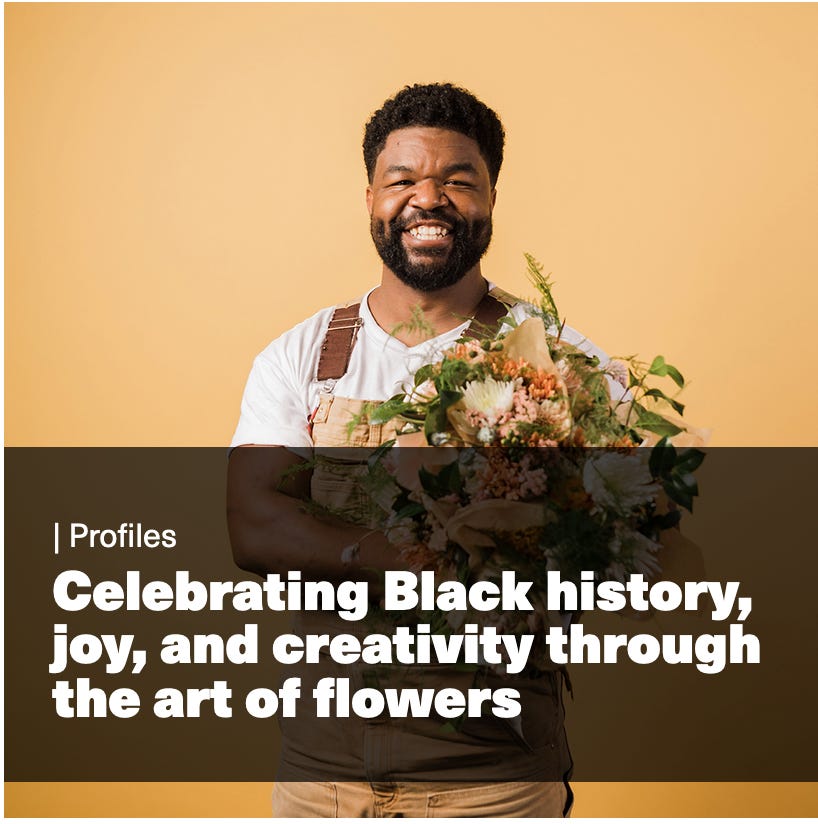 Screenshot of a feature image from Design Observer featuring a Black man holding flowers posing against an orangish-yellow backdrop and white lettering that reads Celebrating Black history joy, and creativity through the art of flowers