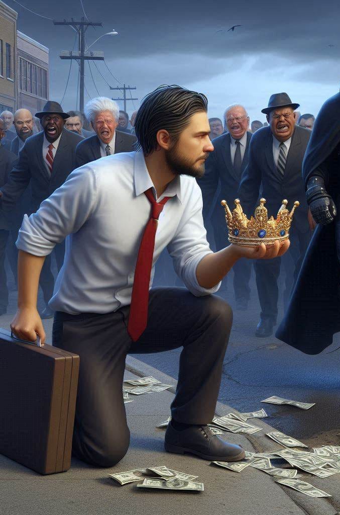 a software engineer who reluctantly picks a crown out of the gutter next to an angry black mob, photorealistic