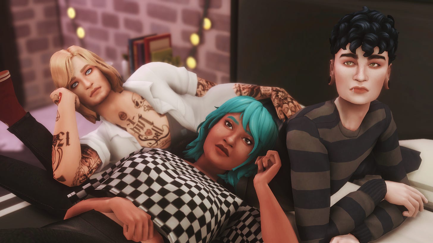 Um print de the sims pra mostrar felipe, lorena e lucas em uma cma. eles olham para a câmera como se estivessem posando pra capa de um resvista