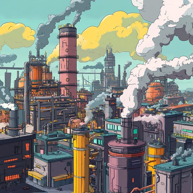 A colourful cartoon of an industrial landscape. Factories with chimneys belching smoke, strething to the horizon.