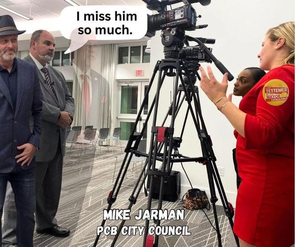 May be an image of 3 people, television and text that says 'I miss him so much. 12cg TETTEMER MAYOR LGCALSFIRS LOCALA MIKE JARMAN PCBCITYCOUNCIL PCB CITY COUNCIL'