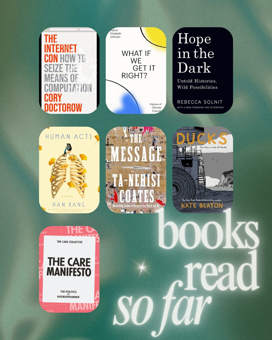 A grid of covers of the books I read so far this year: “The Internet Con” by Cory Doctorow, “What If We Get It Right?” by Ayana Elizabeth Johnson, “Hope in the Dark” by Rebecca Solnit, “Human Acts” by Han Kang, “The Message” by Ta-Nehisi Coates, “Ducks” by Cate Beaton, “The Care Manifesto” by the Care Collective.