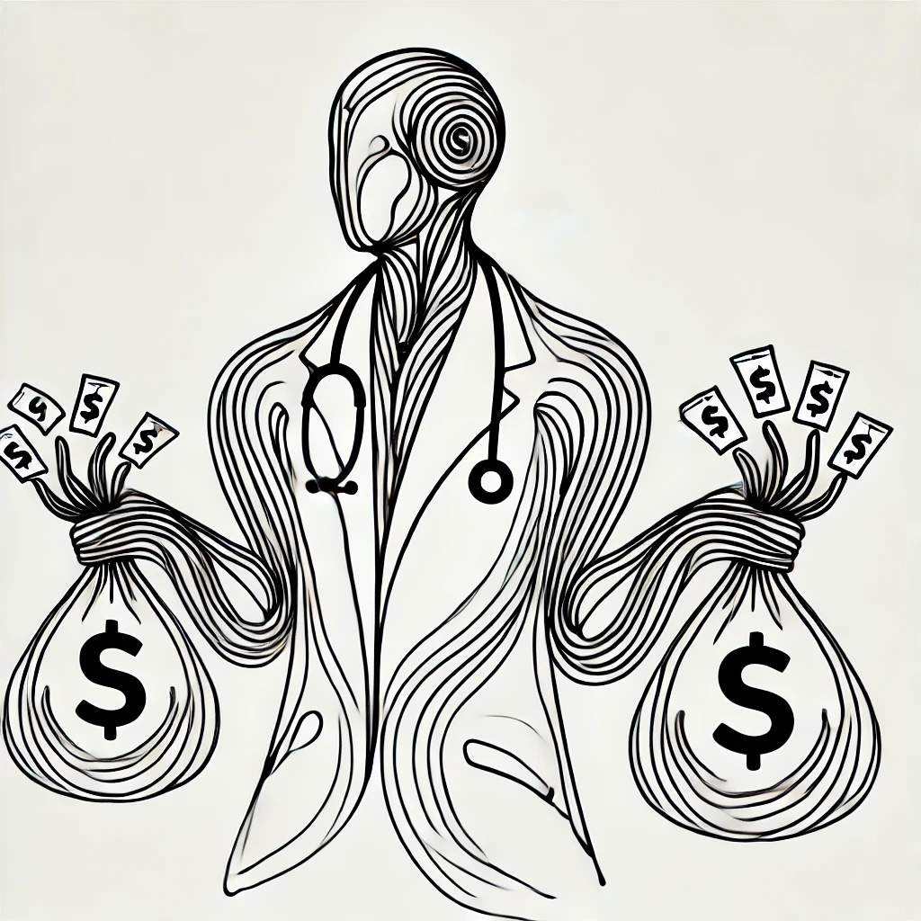 An abstract one-line drawing of an AI doctor holding bags of money. The figure is represented as a sleek, robotic humanoid form created from a single flowing line. Each hand holds a distinct bag of money, with hints of medical instruments like a stethoscope subtly incorporated into the design. The style is highly conceptual, minimalist, and rendered in black ink on a white background.