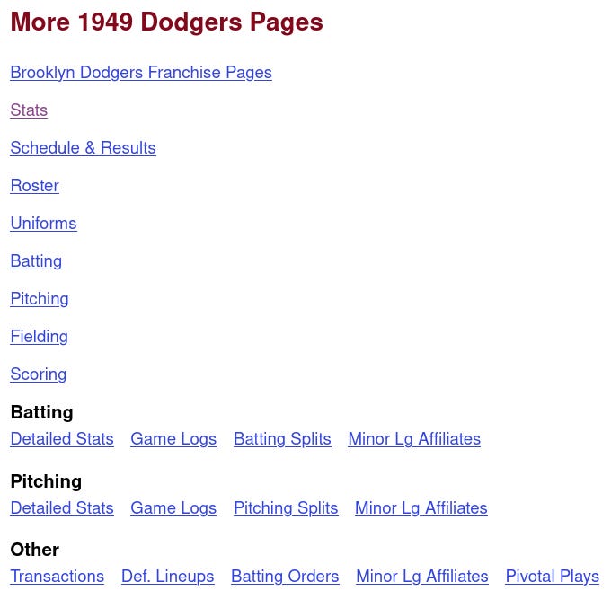 Baseball Reference 1949 Brooklyn Dodgers Pages