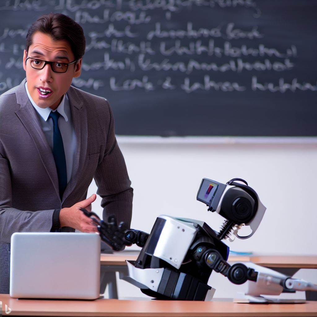 A professor teaching a robot in classroom